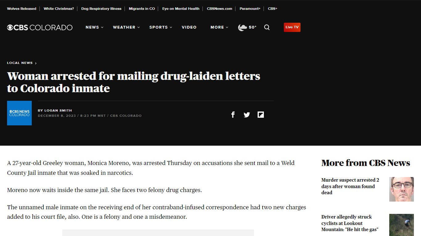 Woman arrested for mailing drug-laiden letters to Colorado inmate